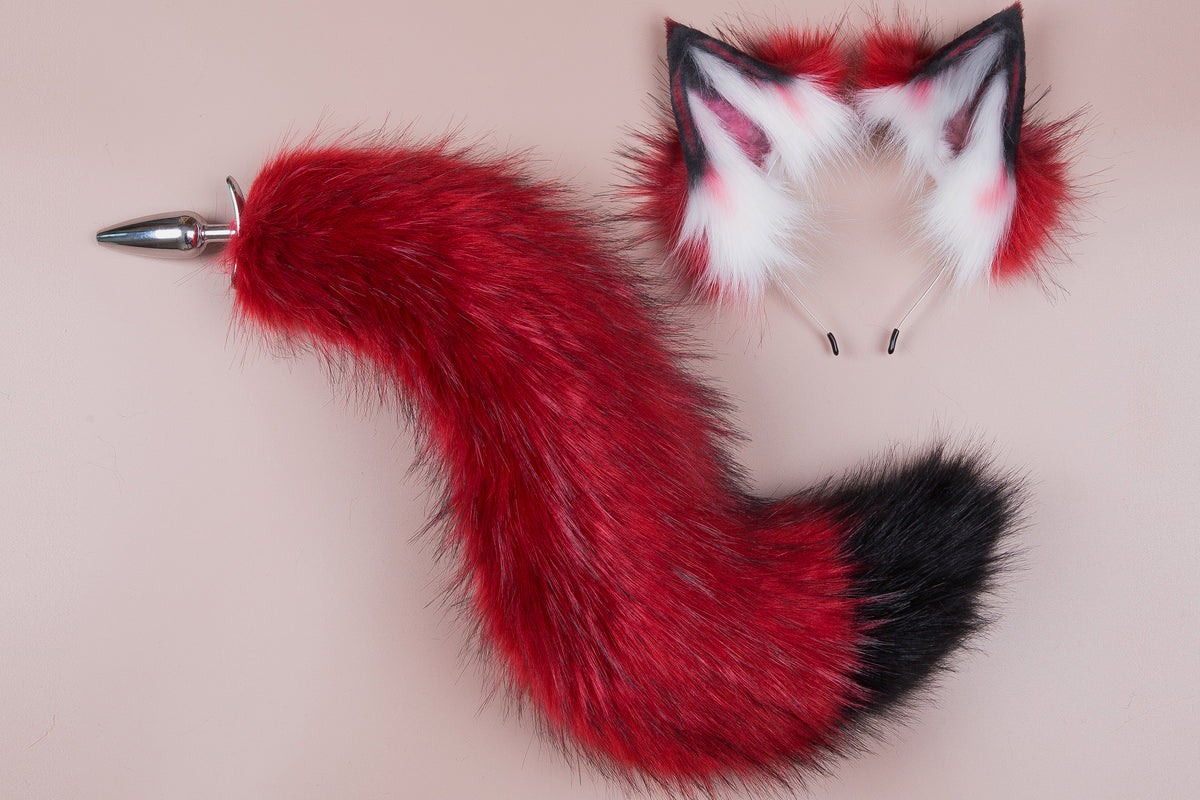 Red and black faux fur fox tail plug and ear wolf tail buttplug and ea