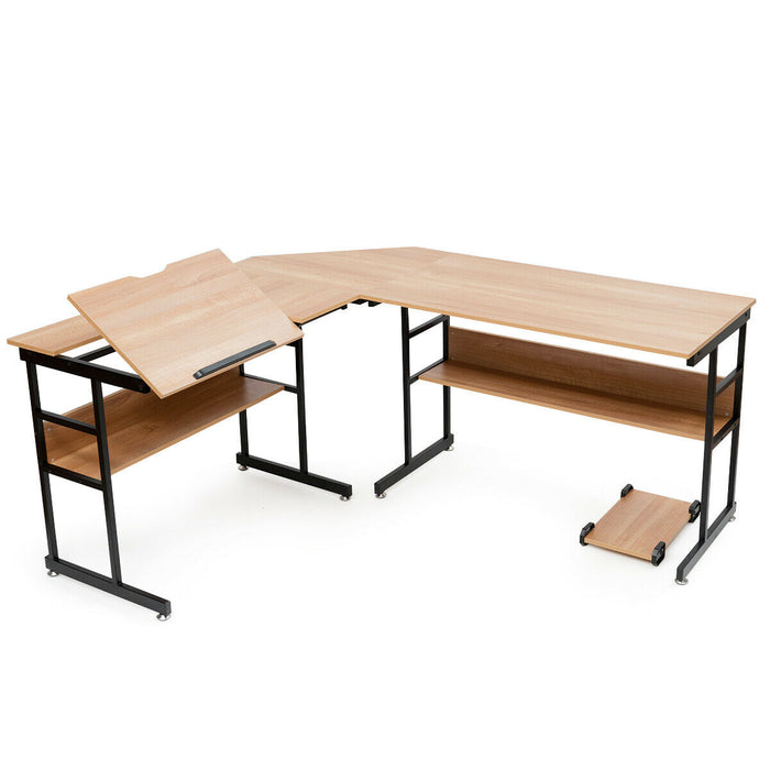 L Shaped Computer Desk Drafting Table With Tiltable Tabletop