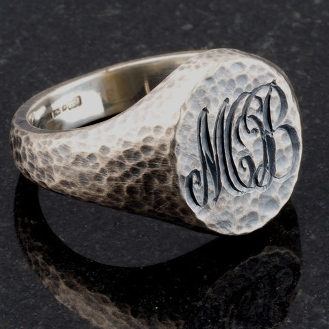 hand engraved script initials on sterling silver hammered oxidised signet ring