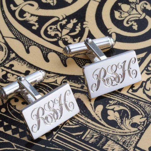 hand engraved monogram script initials on Sterling Silver Rectangle Cufflinks