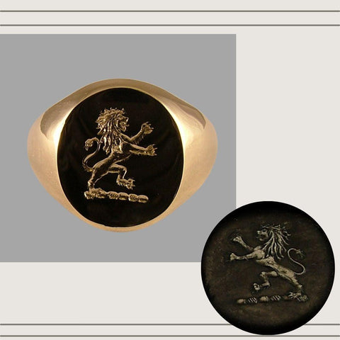 Hand Engraved Reverse Seal Lion Crest Gold Signet Ring