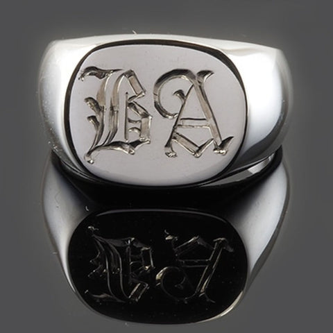 hand engraved old english initials on sterling silver heavy signet ring