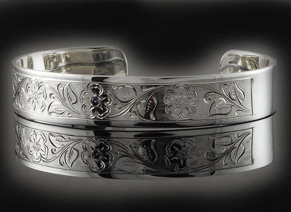 Hand Engraved Flower and Leaf Design With Amethyst Stone Silver Cuff Bracelet