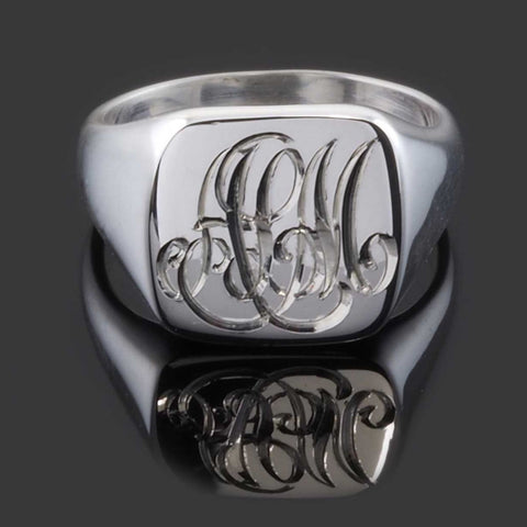 hand engraved monogram initials on sterling silver cushion signet ring