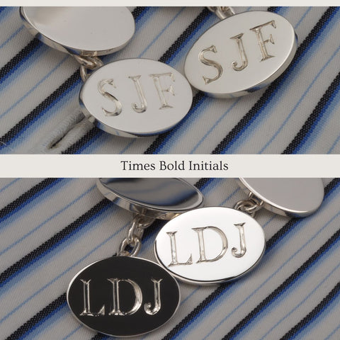 times bold lettering style on silver cufflinks