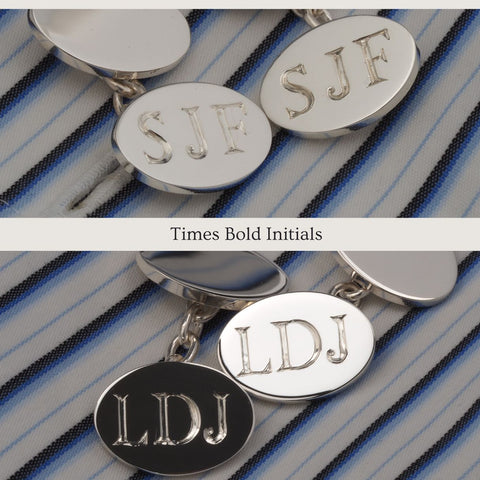 times bold hand engraved initials on sterling silver cufflinks