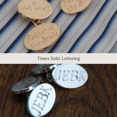 Times Italic hand engraved initials on sterling silver cufflinks