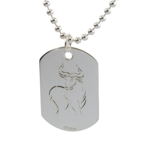 Sterling Silver Hand Engraved Taurus Dog Tag Necklace
