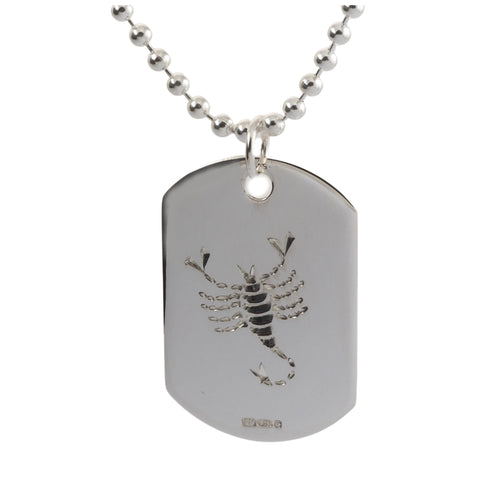 Engraved sterling silver scorpio mens dog tag