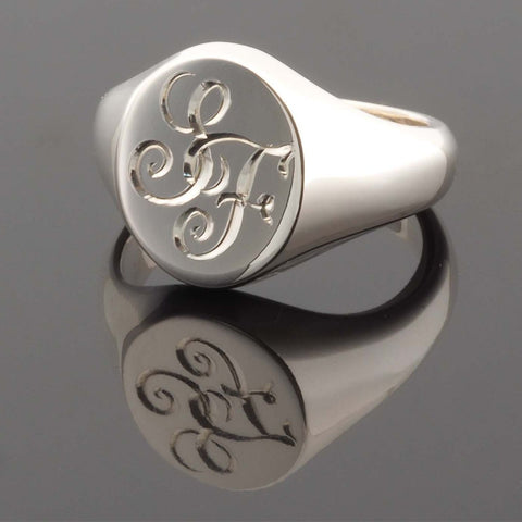 hand engraved script initials on sterling silver round signet ring