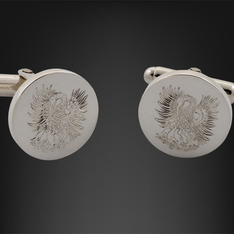 hand engraved bird crest on sterling silver cufflinks