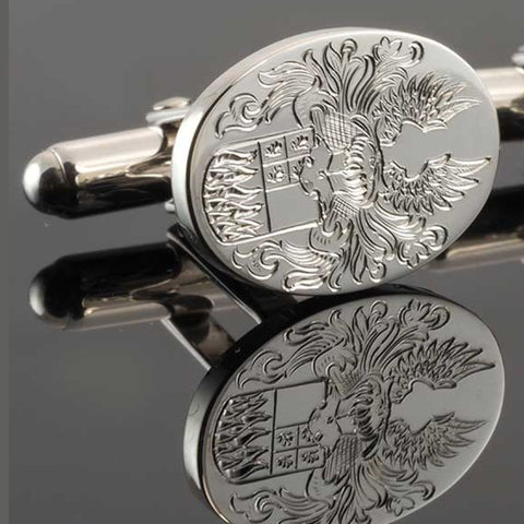 hand engraved full coat of arms on sterling silver oval torpedo cufflinks
