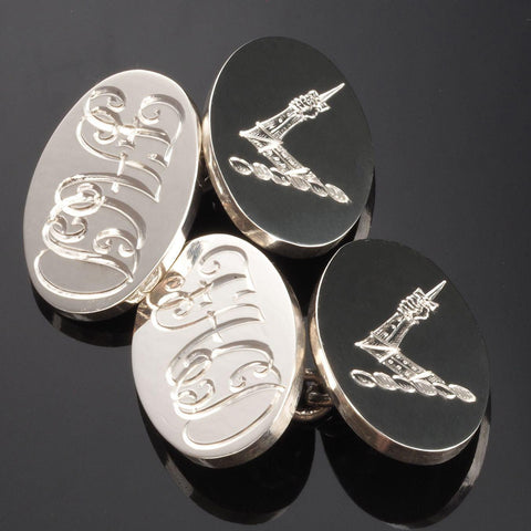hand engraved family crest arm with dagger sterling silver cufflinks