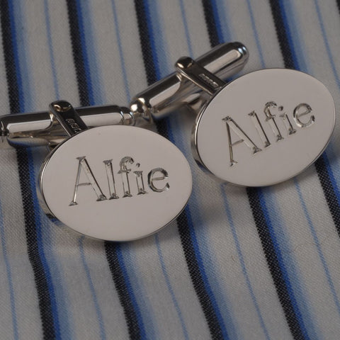 sterling silver oval cufflinks hand engraved name times bold lettering
