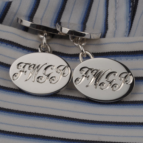 Hand Engraved Script Initials Sterling Silver Oval Chain Cufflinks