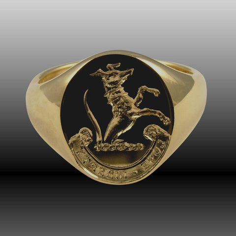 Gold Signet Ring Seal Hand Engraved with Crest and Motto
