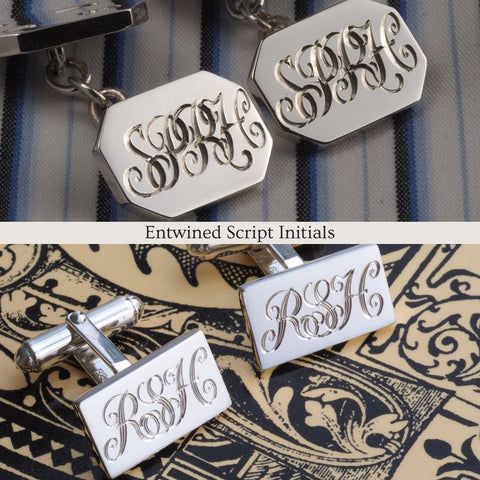 entwined script initials on silver cufflinks