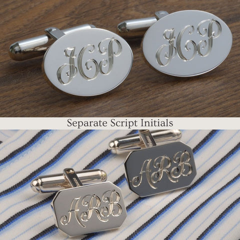 separate script hand engraved initials on silver cufflinks