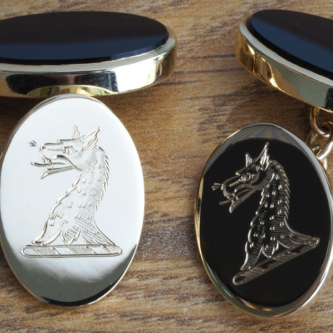 hand engraved onyx gold cufflinks with crest