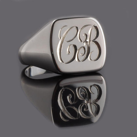 hand engraved script initials on sterling silver cushion signet ring