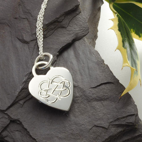 Hand Engraved sterling silver heart necklace, double heart infinity symbol