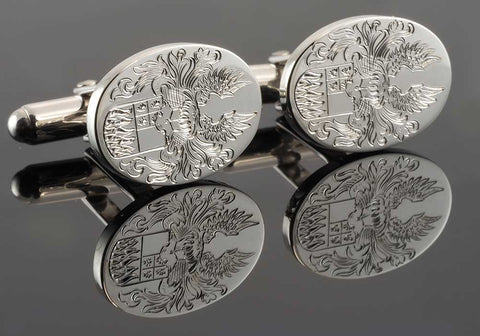 Hand Engraved Crest on Sterling Silver Oval Cufflinks