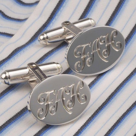 script initials hand engraved sterling silver oval cufflinks