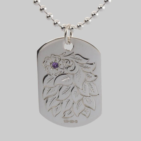 Hand Engraved Flower and Amethyst Dog Tag