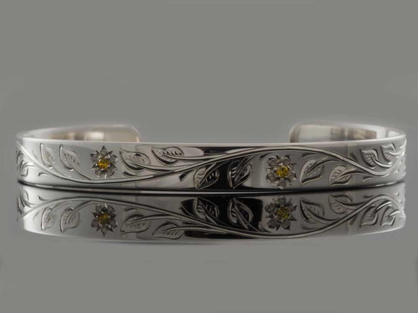 Hand Engraved Flower and Leaf Design on 8mm Cuff Bracelet