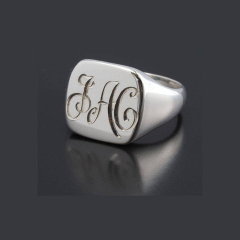 Hand Engraved Script Lettering Sterling Silver Cushion Head Signet Ring