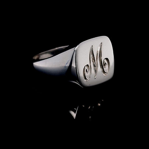 hand engraved single initials script lettering sterling silver signet ring