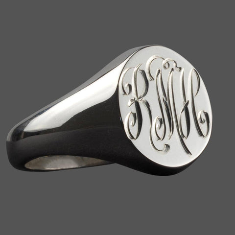 Hand Engraved Separate Script Initials on Round Sterling Silver Signet Ring