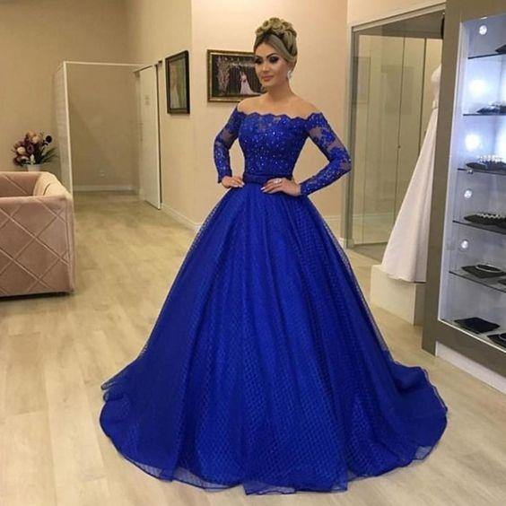 royal blue prom dresses long sleeve detachable skirt ball gown lace ev ...