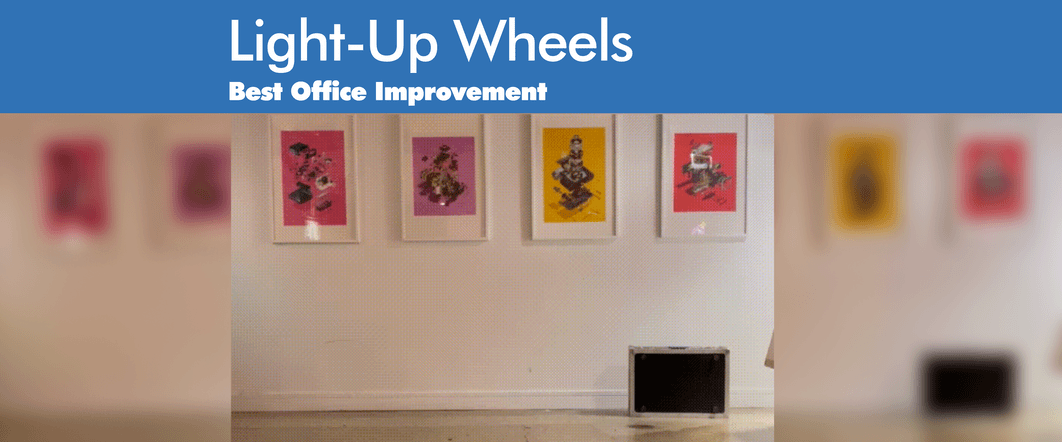 Stat: Best Office Investment were a light-up wheels rolling chair. Image: a gif of long brown hair man rolling into frame with the aforementioned chair.
