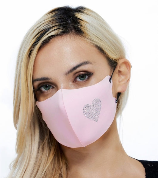 (Pink Heart) Rhinestone Sparkle Fashion Mask for Women Adjustable Ear Loop