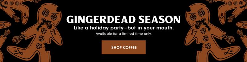 A black and brown gingerdead banner that says "Shop Gingerdead Coffee."