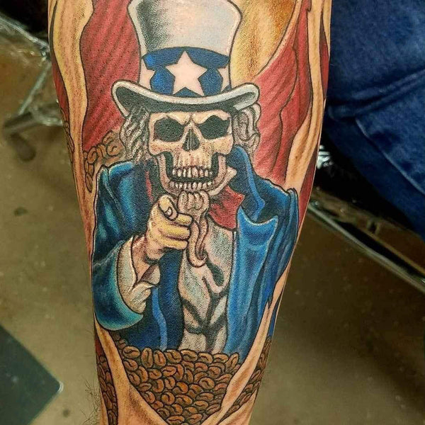 Jamie Robinson's coffee-inspired Uncle Sam tattoo.