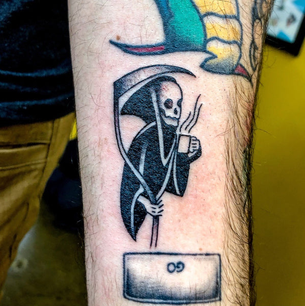 Quentin Marian's coffee-inspired reaper tattoo.