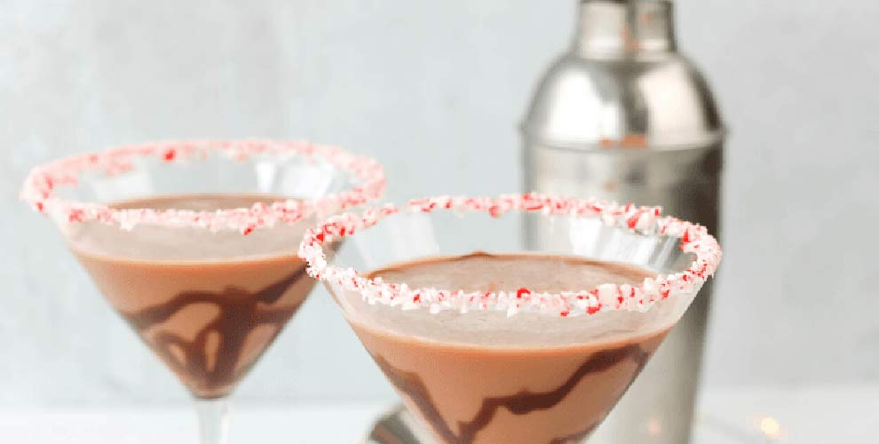 Peppermint Espresso Martini featuring a crushed candy cane rim.