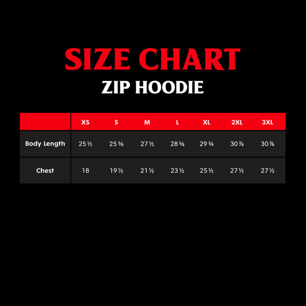 Death Wish Coffee Full-Zip Hoodie Size Chart