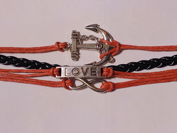 Orange and Black Love Anchor Infinity Multilayer Charm Bracelet