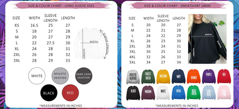 Sweatshirt Size Chart and available colors