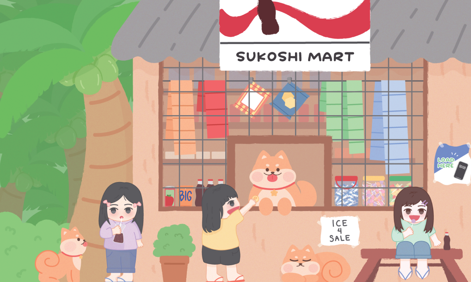 SUKOSHI MART Asian Heritage Month Postcard Featuring: “Childhood hangout spots” by mmaridesign on Instagram. It features a Filipino Sari Sari store scene and a shiba merchant