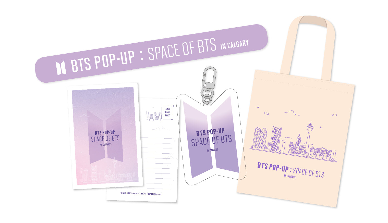 Image of Calgary-themed BTS postcard and Calgary BTS tote bag.
