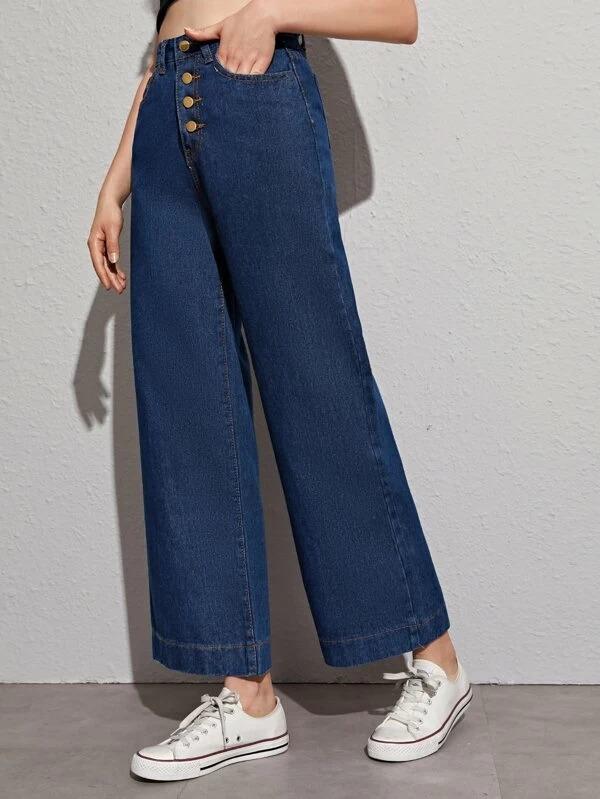 button front wide leg jeans