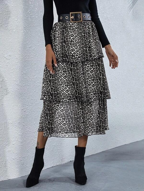 Women Cheetah Print Tiered Layer Skirt 
