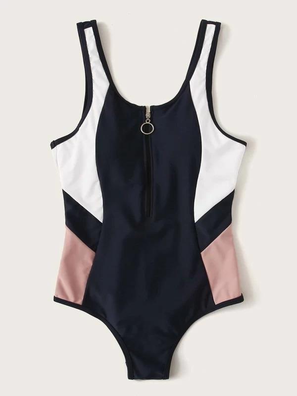 Women Colorblock Zipper Front One Piece Swimwear Kidenhouse