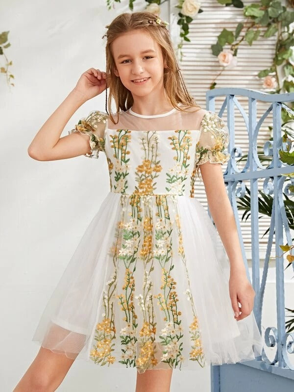 botanical embroidered mesh dress