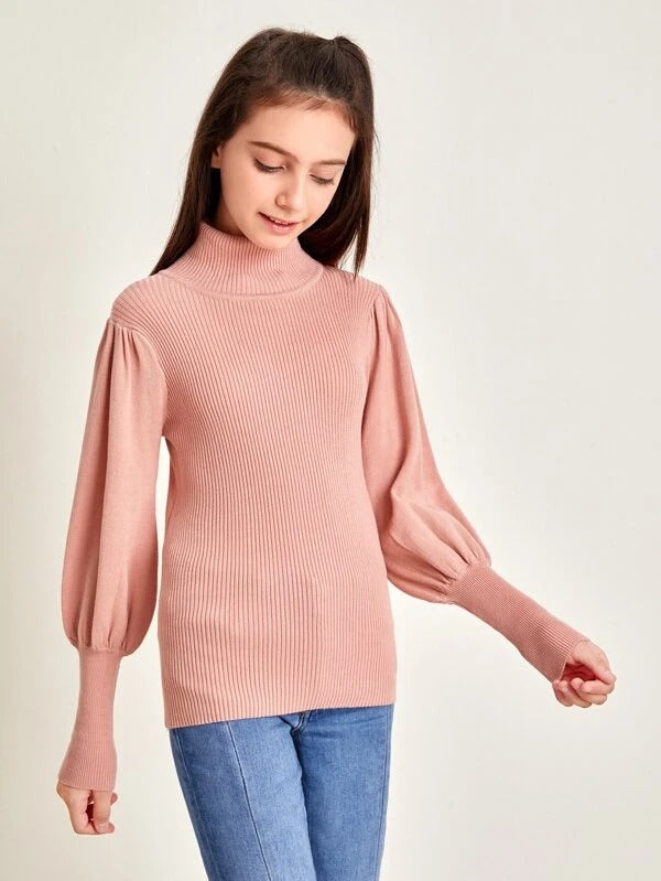 Girls High Neck Lantern Sleeve Sweater Kidenhouse