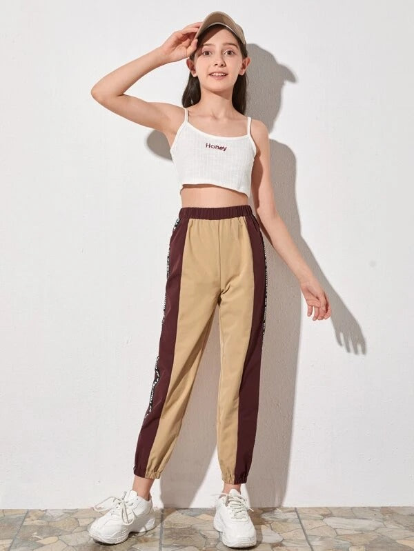 Girls Letter Tape Side Two Tone Joggers